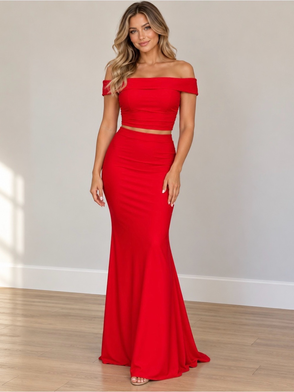 La Femme Off-Shoulder Red Maxi Skirt Set